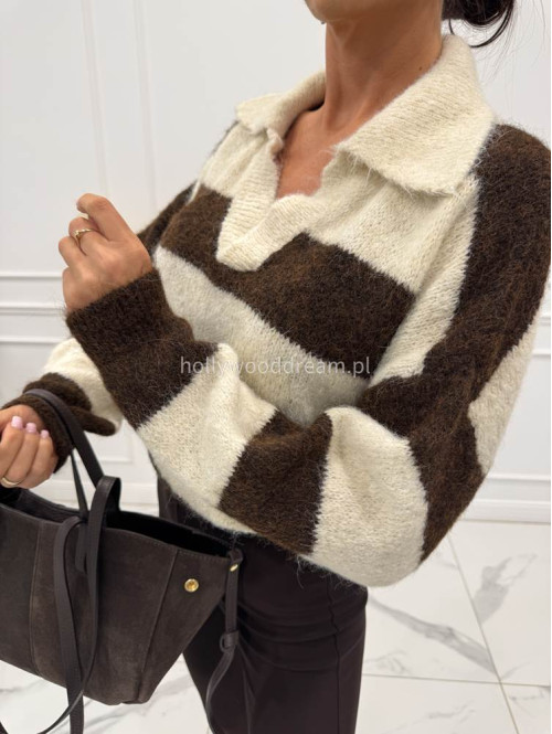 Kremowo-brązowy sweter z kołnierzem w paski ERYK 52 - photo #3