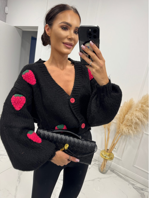 Sweter z różową poziomką 3D czarny LESSA 31