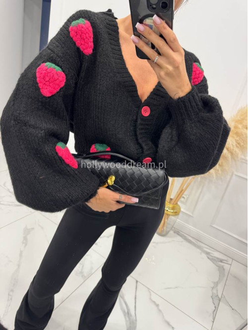 Sweter z różową poziomką 3D czarny LESSA 31 - photo #3