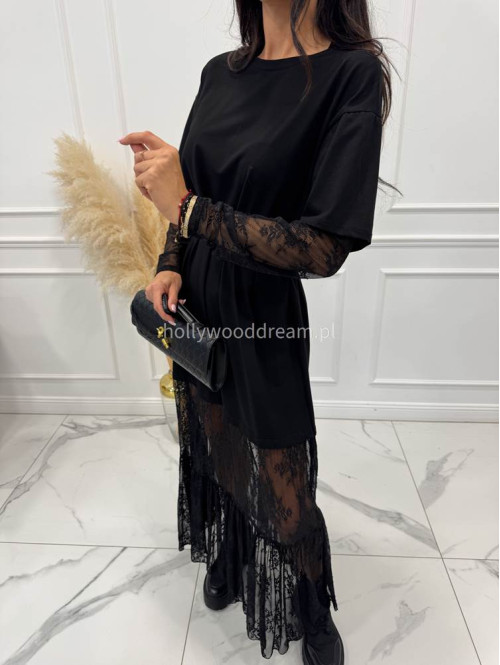 Czarna sukienka maxi oversize z koronkowym dołem i rękawami INGA 17 - photo #9