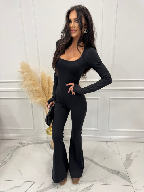 Czarny kombinezon modelujący z dekoltem karo+ dzwony JAŚMINA 173