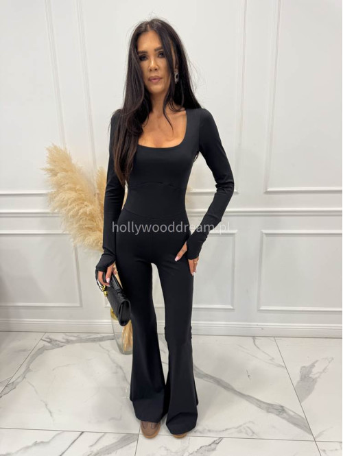 Czarny kombinezon modelujący z dekoltem karo+ dzwony JAŚMINA 173 - photo #9