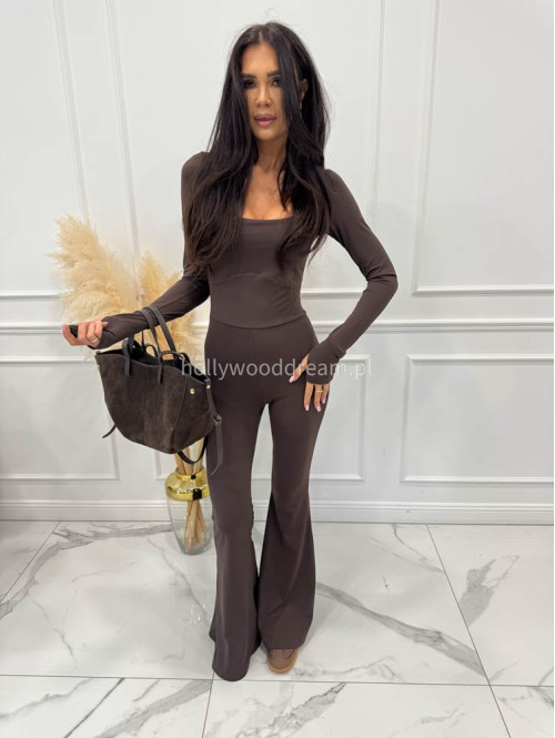 Brązowy kombinezon modelujący z dekoltem karo+ dzwony JAŚMINA 173 - photo #4