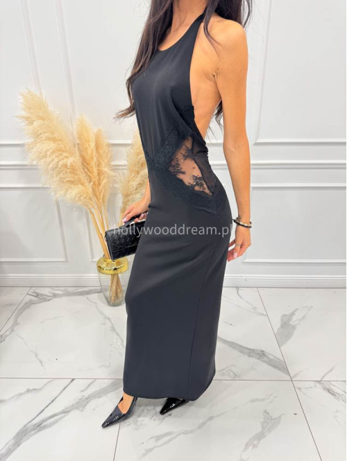 Czarna sukienka maxi z koronowymi wstawami i dekoltem halter TAYLOR 17 - photo #2