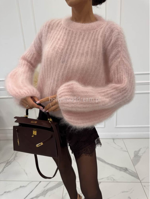 Pudrowo różowy Sweter moherowy z poszerzanymi rękawami WALENCJA 52 - photo #2