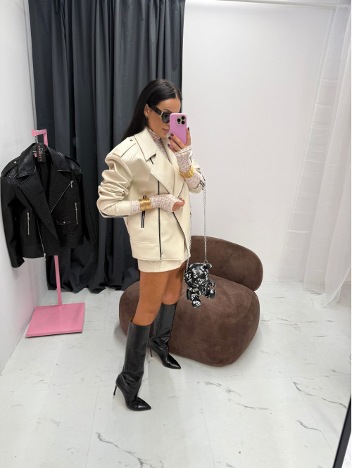 Kremowa kurtka oversize zapinana na zamek z kieszeniami, skóra węża KESJA 25 - photo #21