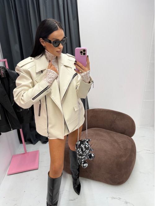 Kremowa kurtka oversize zapinana na zamek z kieszeniami, skóra węża KESJA 25 - photo #22