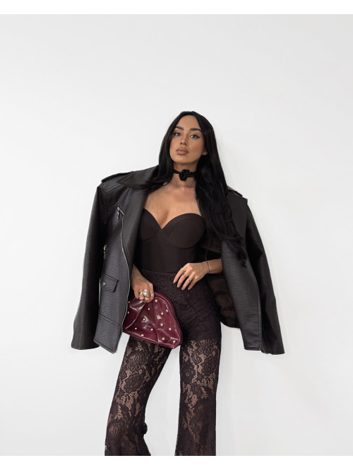 Czekoladowa kurtka oversize zapinana na zamek z kieszeniami, skóra węża KESJA 25 - photo #17