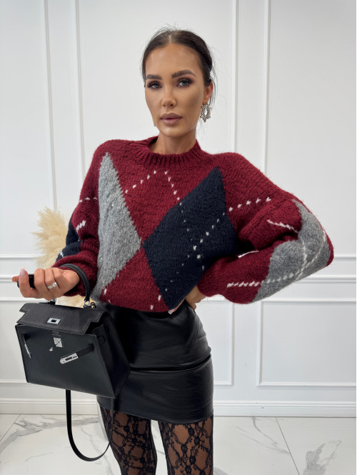 Bordowo- granatowy sweter we wzory Irys 06