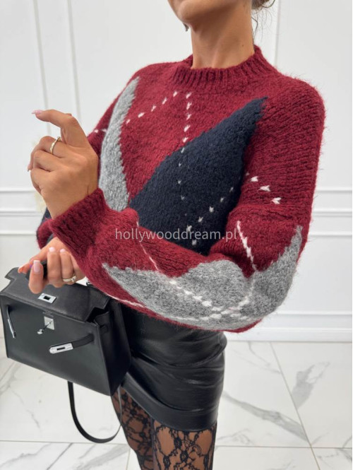 Bordowo- granatowy sweter we wzory Irys 06 - photo #1