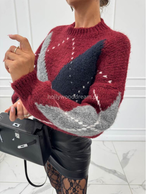 Bordowo- granatowy sweter we wzory Irys 06 - photo #2