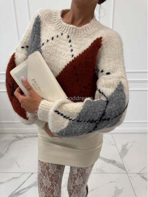 Kremowo-ceglasty  sweter we wzory Irys 06 - photo #8