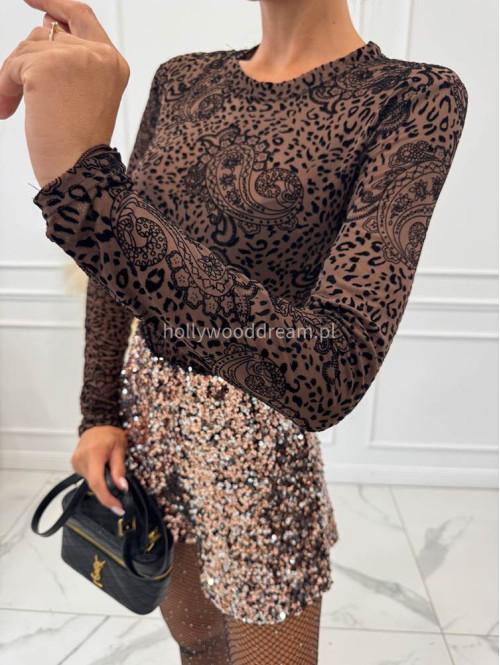 Brązowe body z czarnym wzorem na długi rękaw ZOJA 19 Brązowe body z czarnym wzorem na długi rękaw ZOJA 19 - photo #1