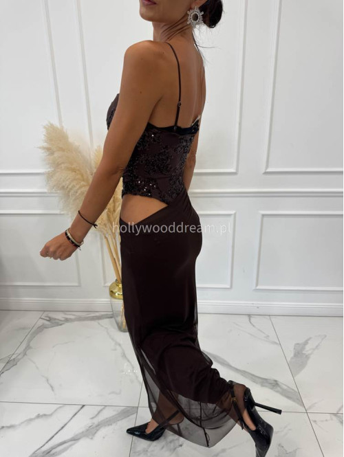 Czekoladowa sukienka midi z cekinową górą i siateczkowym dołem na ramiączkach VERA 19 Czekoladowa sukienka midi z cekinową górą i siateczkowym dołem na ramiączkach VERA 19 - photo #2