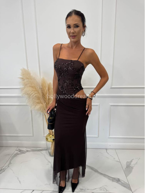 Czekoladowa sukienka midi z cekinową górą i siateczkowym dołem na ramiączkach VERA 19 Czekoladowa sukienka midi z cekinową górą i siateczkowym dołem na ramiączkach VERA 19 - photo #3