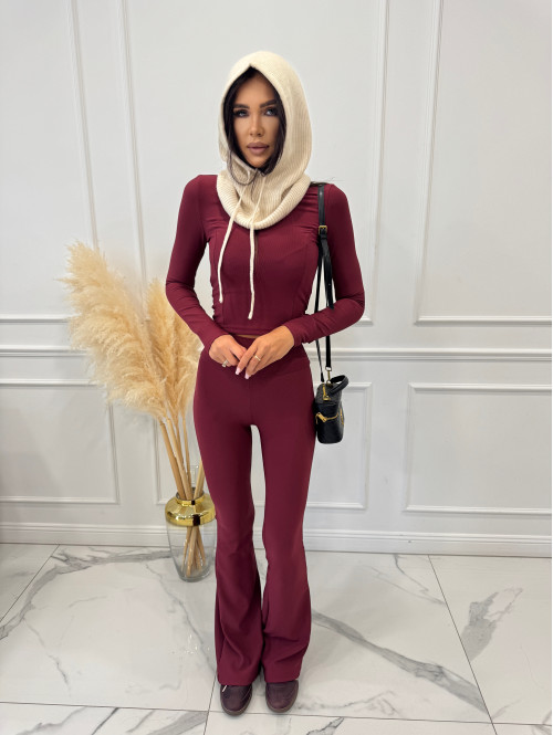 Bordowy komplet prążkowany bluzka krótka+ legginsy dzwony BASIC 173 Bordowy komplet prążkowany bluzka krótka+ legginsy dzwony BASIC 173