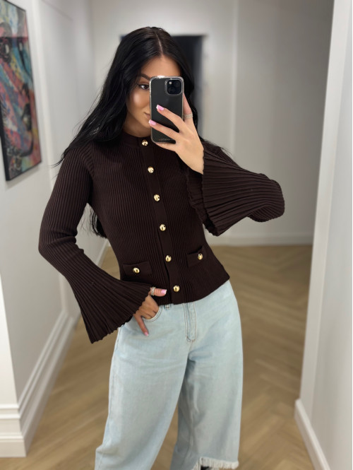 Sweterek z rozszerzanymi rękawami i pozłacanymi guzikami czekoladowa KLARA 09 - photo #14