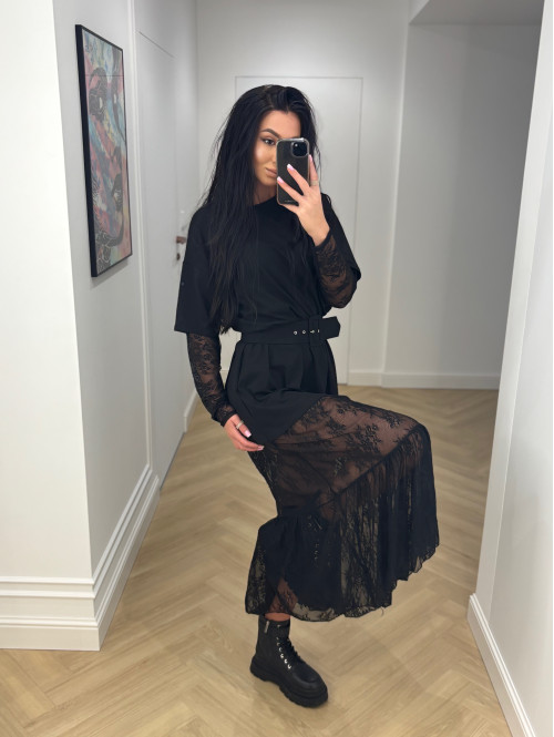 Czarna sukienka maxi oversize z koronkowym dołem i rękawami INGA 17 - photo #11