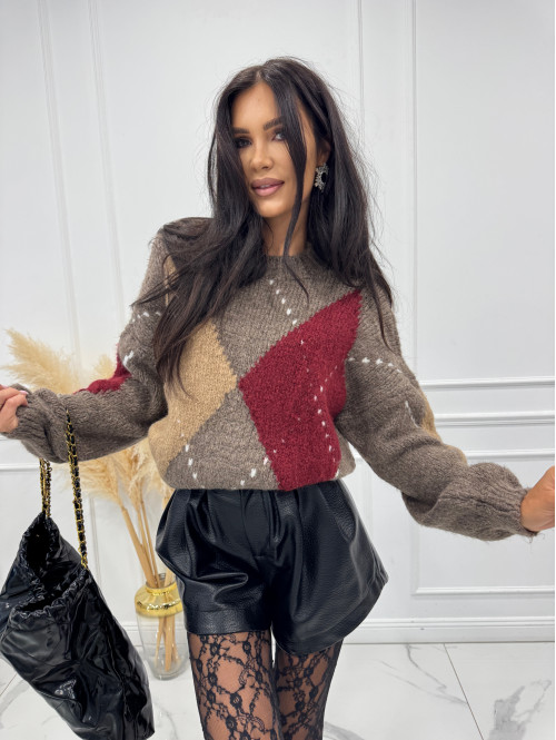 Mokka-bordo sweter we wzory Irys 06