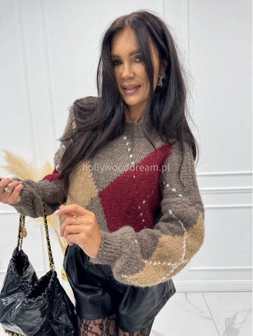 Mokka-bordo sweter we wzory Irys 06 - photo #5