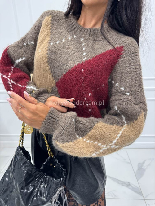 Mokka-bordo sweter we wzory Irys 06 - photo #9