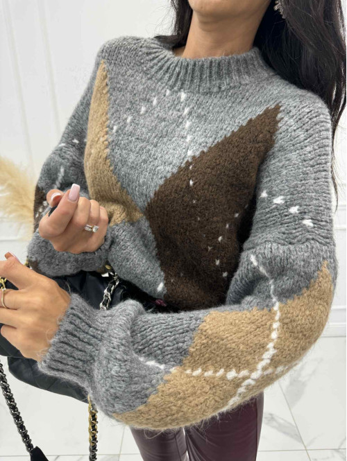 Szaro- brązowy sweter we wzory Irys 06 - photo #2