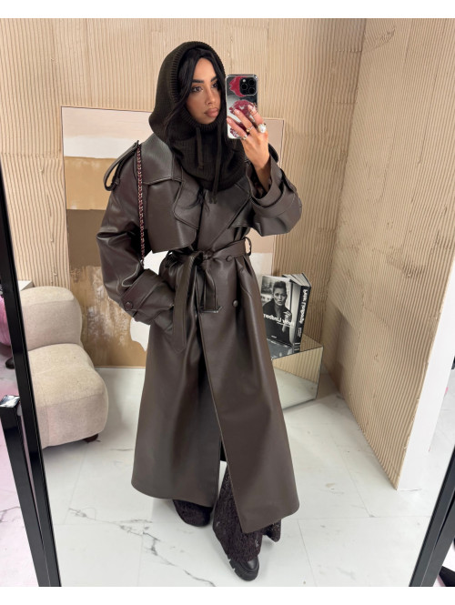 Czekoladowy płaszcz długi skórzany z paskiem OLEK 25 - photo #25