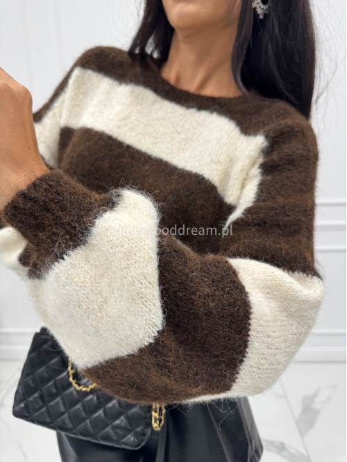 Brązowo - kremowy sweter oversize w paski Demi 06 - photo #9