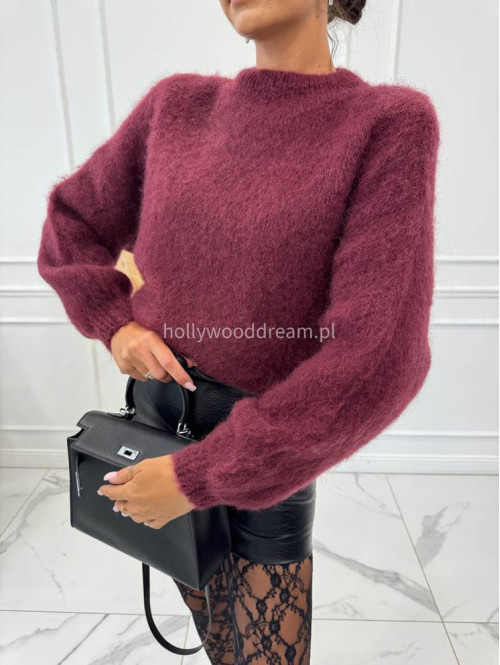 Bordowy Sweter moherowy ze ściągaczami przy rękawie IWO 52,06 - photo #8