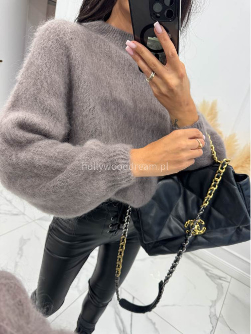 Ciemno beżowy Sweter moherowy ze ściągaczami przy rękawie IWO 52,06 - photo #6