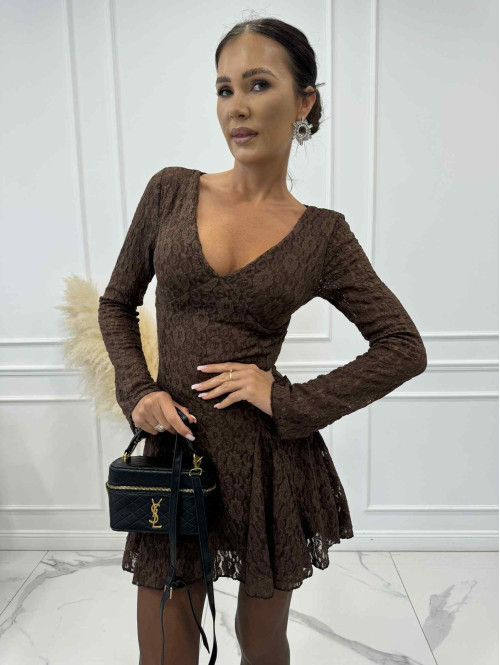 Brązowa sukienka z siateczki we wzory z dekoltem V LUCJANA 17 - photo #3