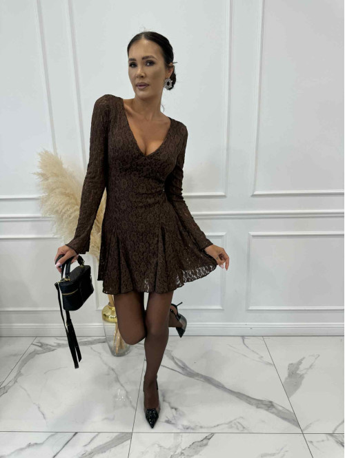 Brązowa sukienka z siateczki we wzory z dekoltem V LUCJANA 17 - photo #5