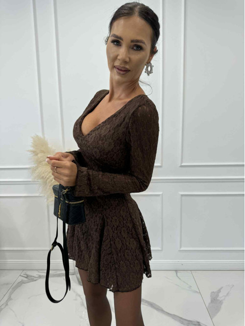 Brązowa sukienka z siateczki we wzory z dekoltem V LUCJANA 17 - photo #7