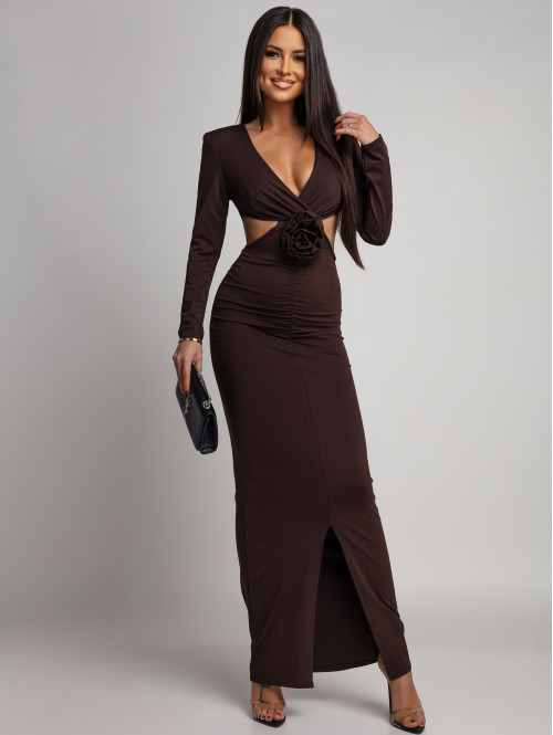 Czekoladowa sukienka maxi z wycięciami w talii i różą Marbi 26 - photo #12