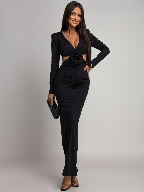 Czarna sukienka maxi z wycięciami w talii i różą Marbi26 - photo #10