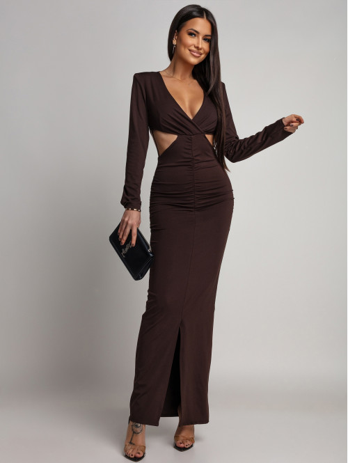 Czekoladowa sukienka maxi z wycięciami w talii i różą Marbi 26 - photo #11