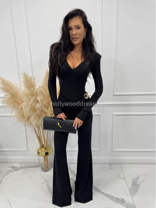 Czarny kombinezon z broszką, dekoltem V i pasem na brzuchu NIKO 173 - photo #5