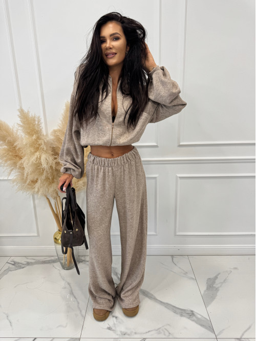 Ciemno beżowy komplet bluza z zamkiem + szerokie spodnie PEONIA 183