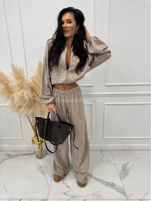 Ciemno beżowy komplet bluza z zamkiem + szerokie spodnie PEONIA 183 - photo #4