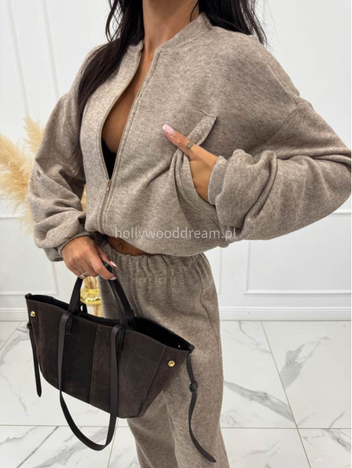 Ciemno beżowy komplet bluza z zamkiem + szerokie spodnie PEONIA 183 - photo #8