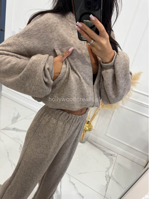 Ciemno beżowy komplet bluza z zamkiem + szerokie spodnie PEONIA 183 - photo #12