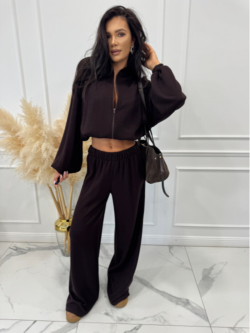 Czekoladowy komplet bluza z zamkiem + szerokie spodnie PEONIA 183