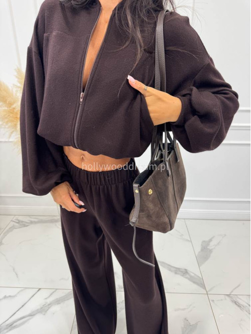 Czekoladowy komplet bluza z zamkiem + szerokie spodnie PEONIA 183 - photo #2