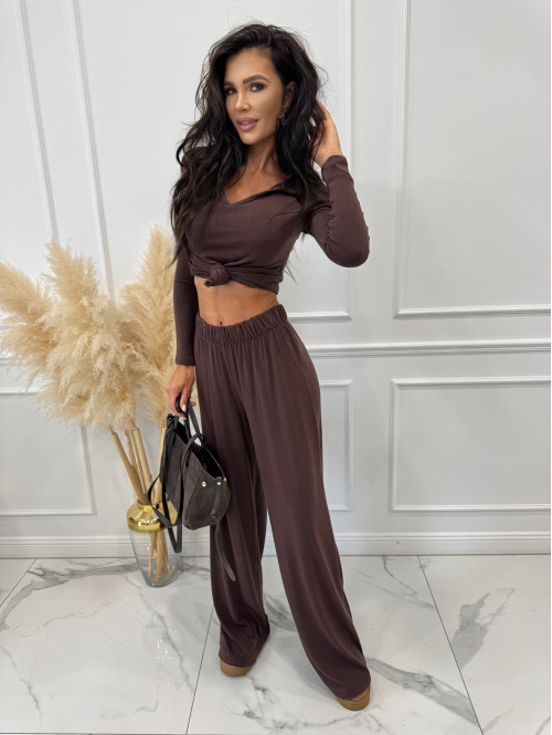 Czekoladowy komplet bluzka z kołnierzem+ spodnie szerokie z wełną POLA 183