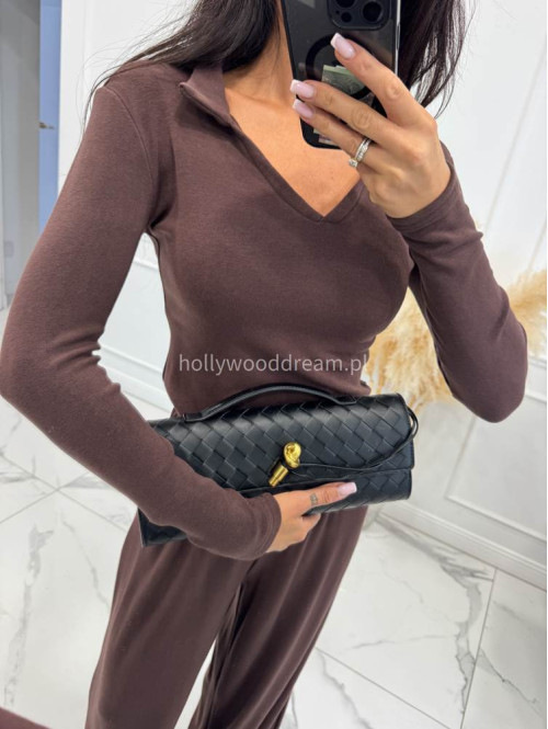 Czekoladowy komplet bluzka z kołnierzem+ spodnie szerokie z wełną POLA 183 - photo #1