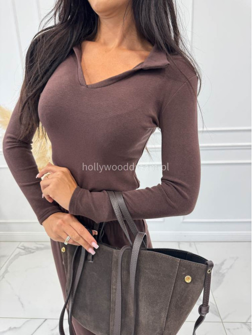 Czekoladowy komplet bluzka z kołnierzem+ spodnie szerokie z wełną POLA 183 - photo #4