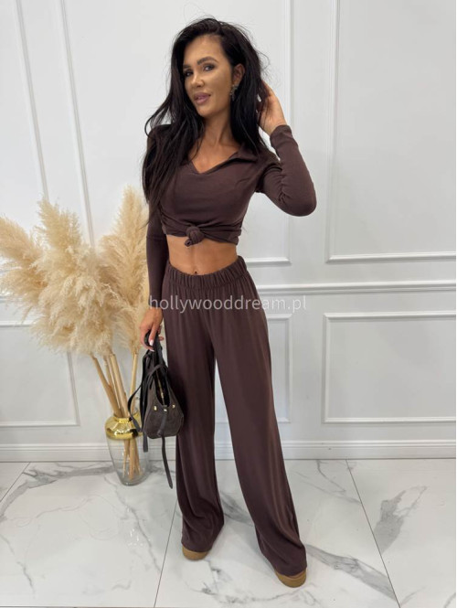 Czekoladowy komplet bluzka z kołnierzem+ spodnie szerokie z wełną POLA 183 - photo #6