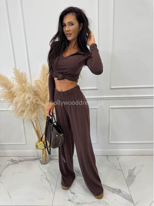 Czekoladowy komplet bluzka z kołnierzem+ spodnie szerokie z wełną POLA 183 - photo #7