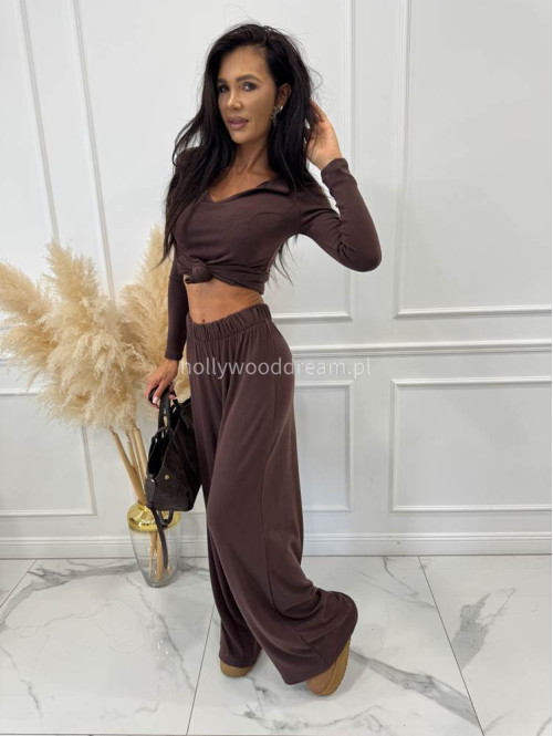 Czekoladowy komplet bluzka z kołnierzem+ spodnie szerokie z wełną POLA 183 - photo #8