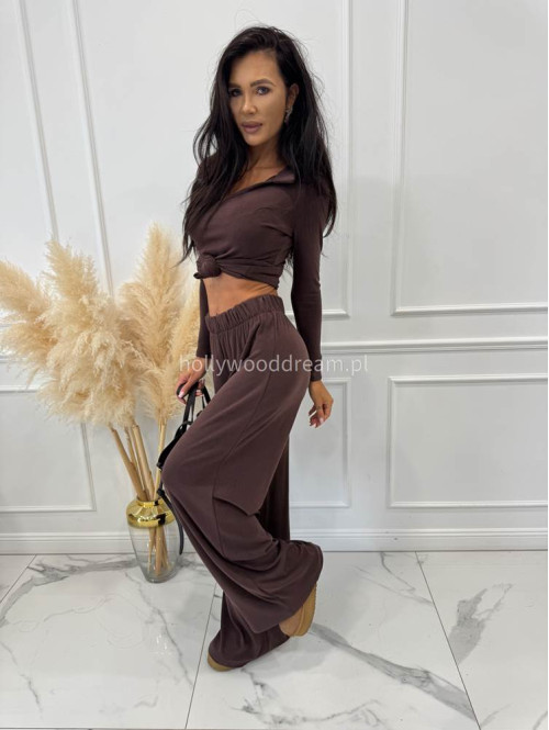 Czekoladowy komplet bluzka z kołnierzem+ spodnie szerokie z wełną POLA 183 - photo #9